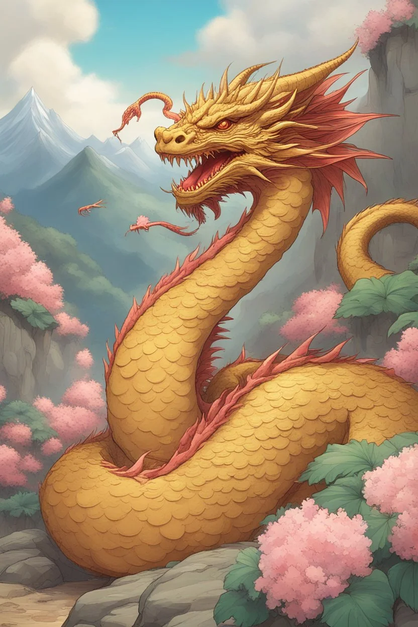 Huge Bitcoin and small dragon, moutains are far away, it is happy new year, we can see flowers are in full bloom