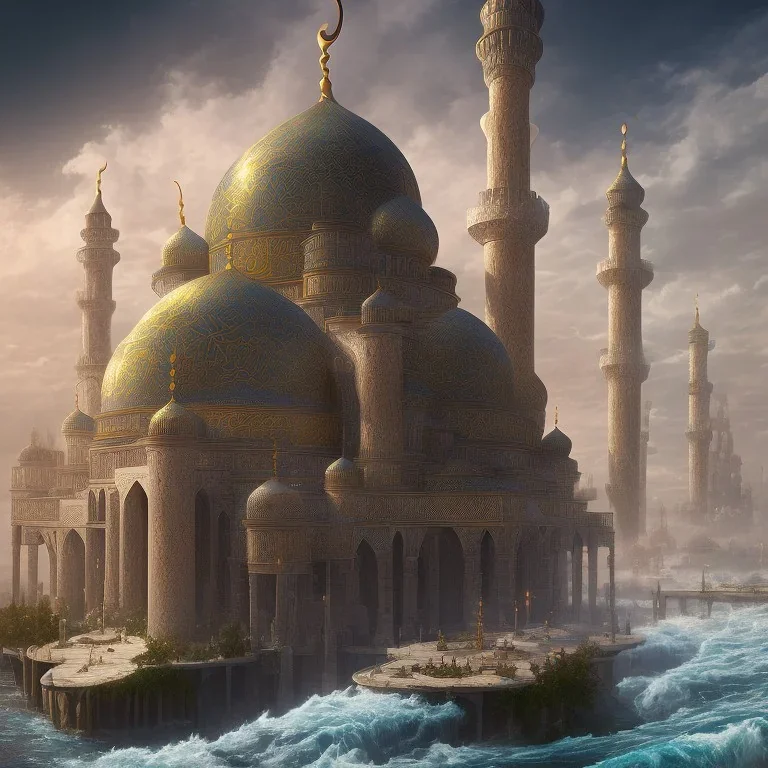 landscape, a mosque on the river, anime art, a future city, quran, and cinematic license.