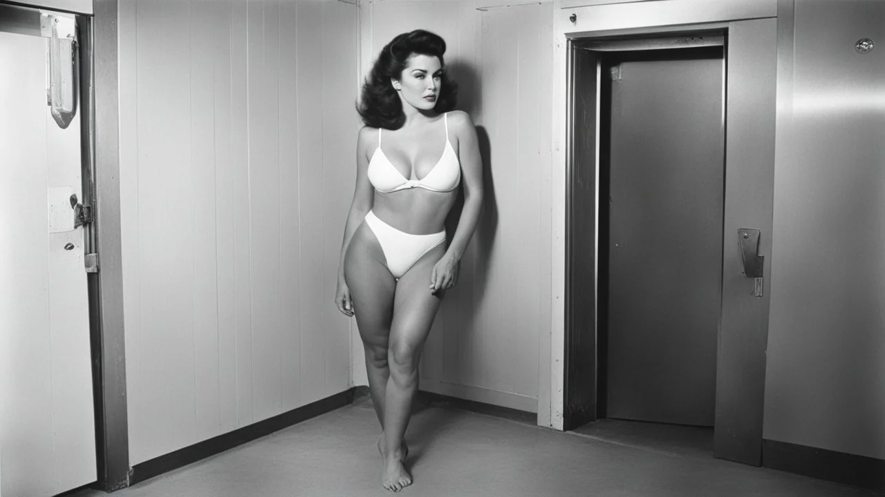 [photo by Russ Meyer, in the locker room of the swimming pool] she slips into her swimsuit, the door opens.