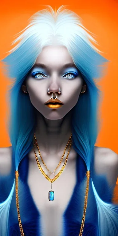 human kingfisher girl with blue hair and orange strand of hair wearing a blue winter coat and a gold necklace