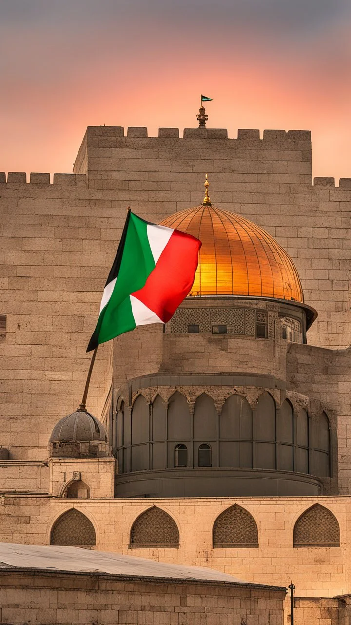 A stunning sunset over Al-Aqsa Mosque, with the Palestinian flag proudly waving in the gentle breeze.