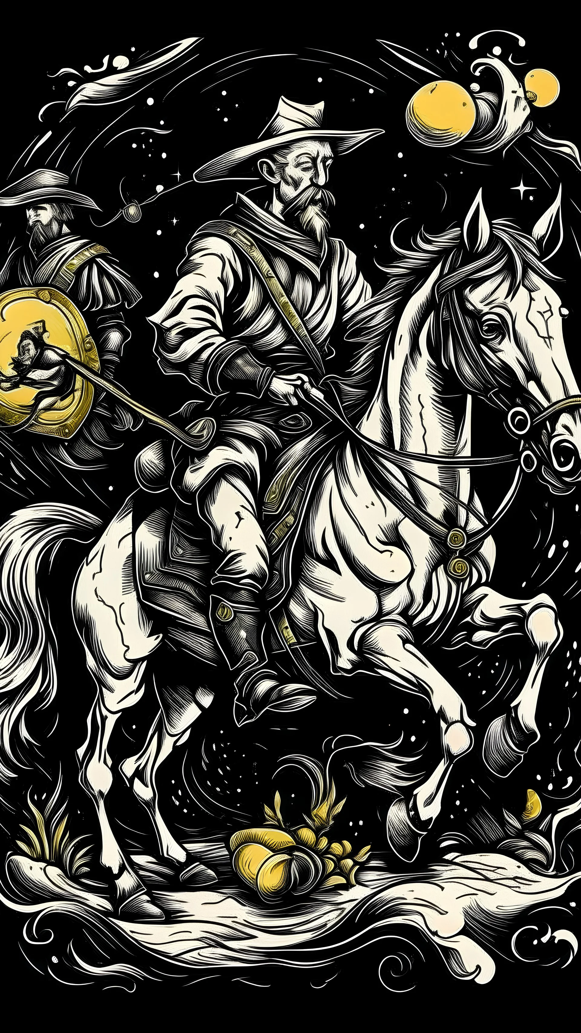 Portrait of the Don Quixote rides a horse by Van Gogh with Belarusian national symbols. noir