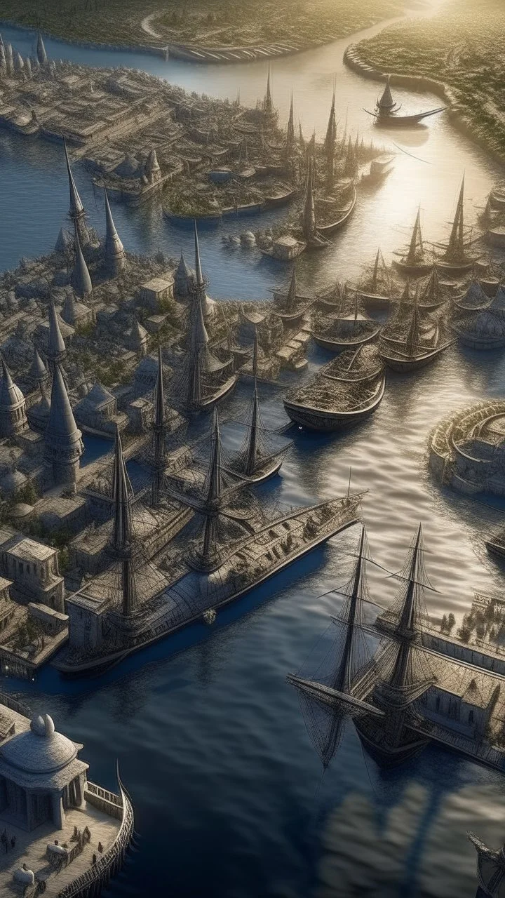 A top view of the Mesopotamian city by the river 5000 bc with sailing boats and a tower temple,surrealism of the dark of a nightmare ten miles high and six foot deep, hyper photorealistic, hyper detailed clear art color, high resolution, octane render, tilt shift, HDRI Environment, all pictures gray