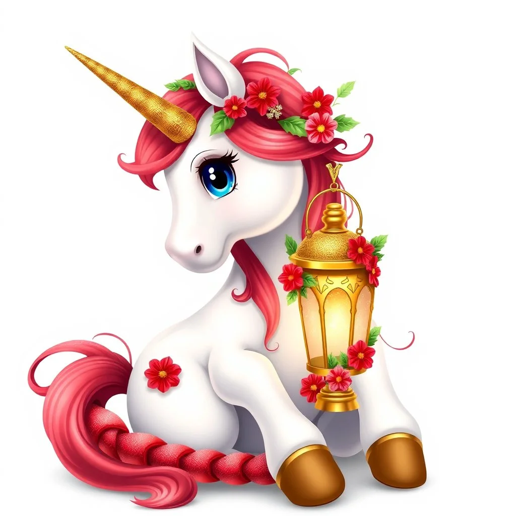 a beautiful white unicorn with a golden horn, expressive blue eyes, her mane is red, and green with some christmas flowers woven in very sparkly, her tail is braided and laying beside her back legs in red and green, she is sitting upright and her front hoofs are holding a gold lantern that has christmas flowers on it, background is white.