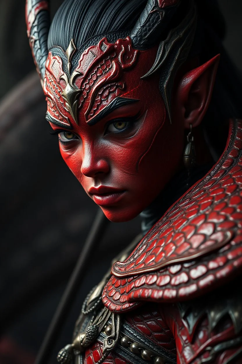 Ellan Musk, red skin, scales, unreal engine 6, high detail, intricate, cinematic. photoshoot style, intricate, studio lighting, masterpiece , highly detailed, 8k, best quality, dramatic,d,<lora:mshn:0.7>,<lyco:Warrior_Couture:0.5>,