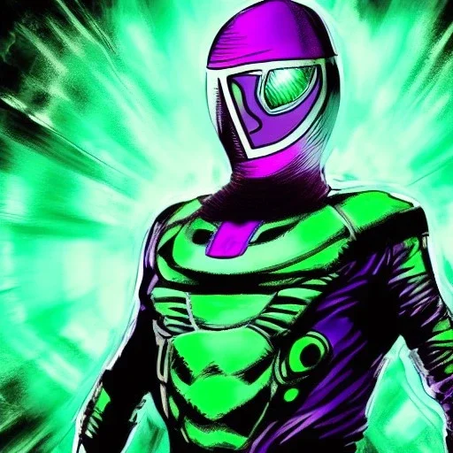 Kevin Bacon as Mysterio, Marvel, Green mist, dead spider man, MCU Multiverse, Zombie Avengers, Purple Background, Green clouds, Wearing helmet, Mist in helmet, Evil Dead Cabin, Necronomicon Book,