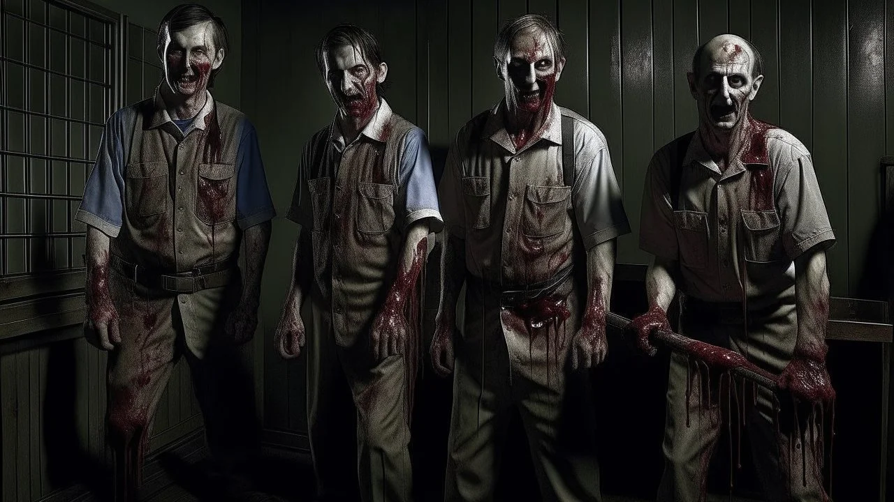 4 men zombies in adark room bloody help stand behined themselves