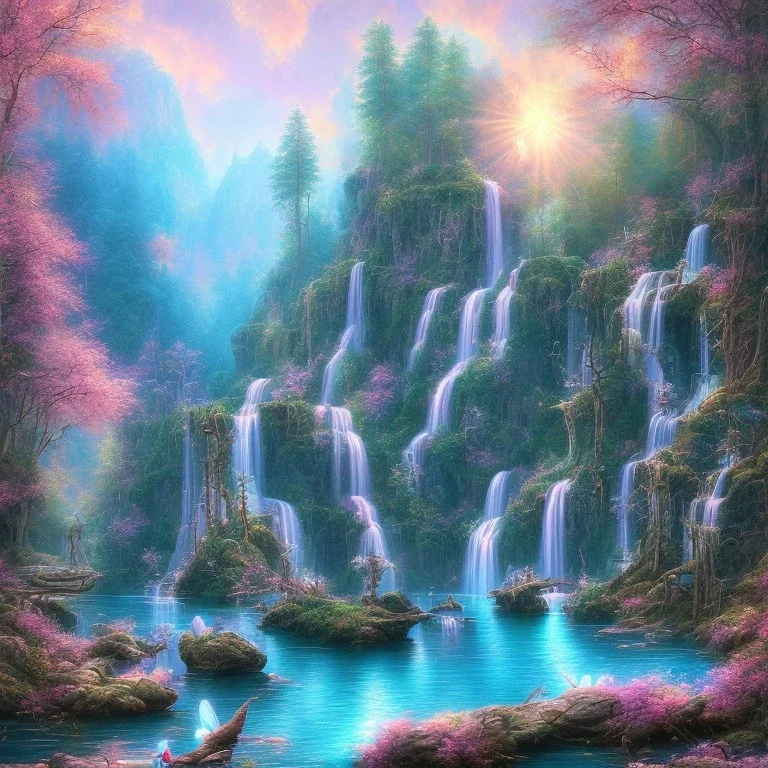 turquoise river, sun, waterfalls, pink fairy castle