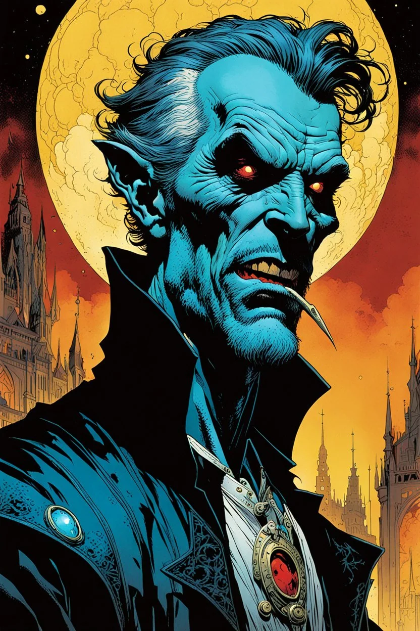 create an ethereal, otherworldly Ravnos antediluvian vampire time traveler , in the comic book art style of Mike Mignola, Bill Sienkiewicz, and Jean Giraud Moebius, with highly detailed facial features , finely inked , dramatic natural lighting