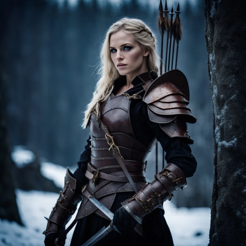 portrait of a 20 year old blonde female warrior wearing leather half armour and carrying a bow, dark fantasy, snowy landscape