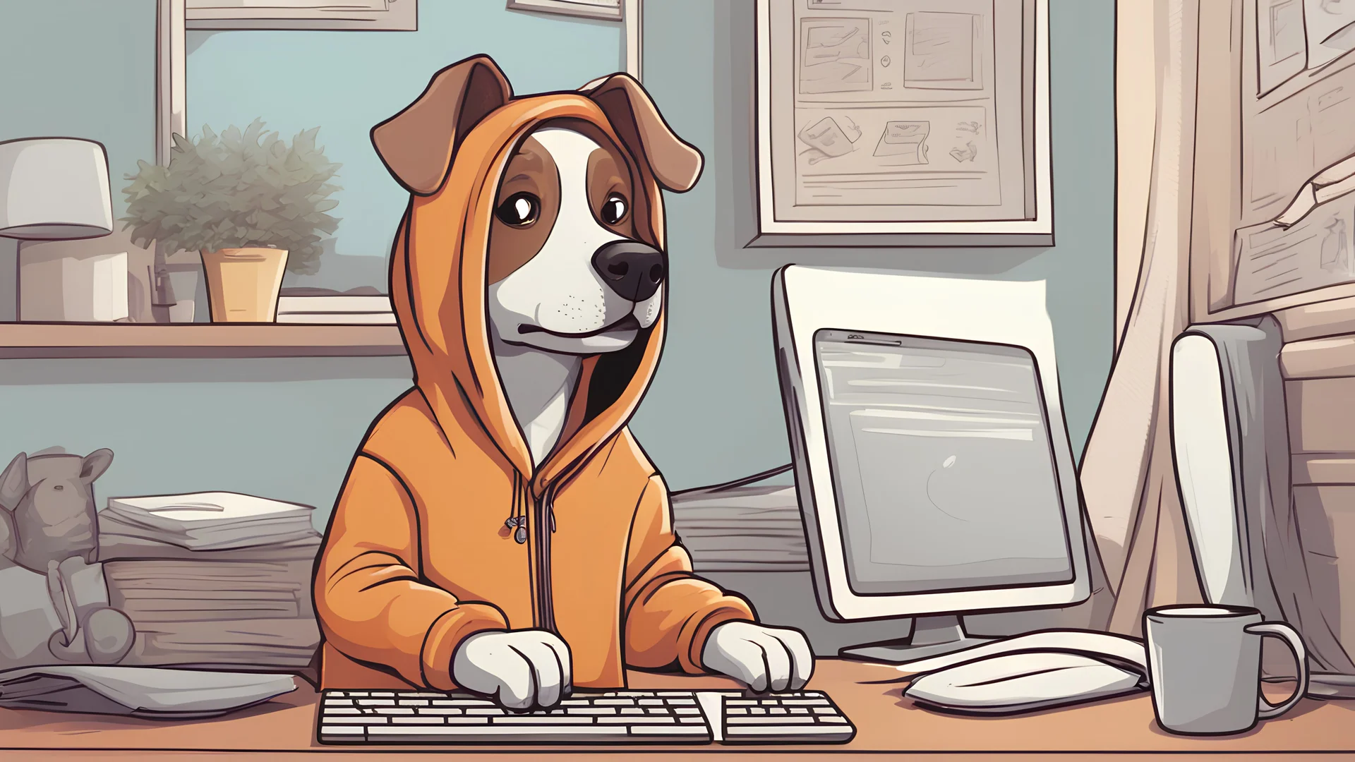a cartoon of a dog, wearing a hoodie, typing on a computer, bedroom in the background, highly detailed, 4k