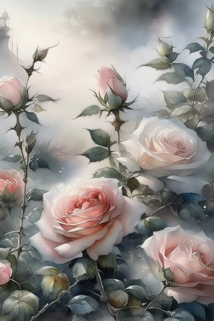 English watercolor, tea roses, drawing, beautiful landscape, fog, many details, delicate sensuality, realistic, high quality, work of art, hyperdetalization, professionally, filigree, silver haze, hyperrealism, professionally, transparent, gently pastel tones, backlight, contrast, fantastic, fabulous, unreal, translucent, glowing, clear lines, epic fabulous, 30mm lens, ISO 100, pixel graphics