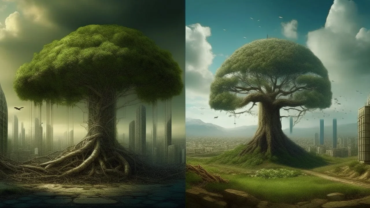 the last tree on earth, portal to a space near the tree on the left, on the right city of the future year 4222, very realistic,