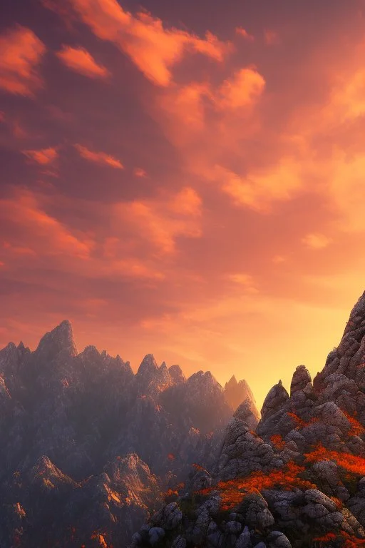 big rock mountains with and orange dawn sky with no clouds close montains