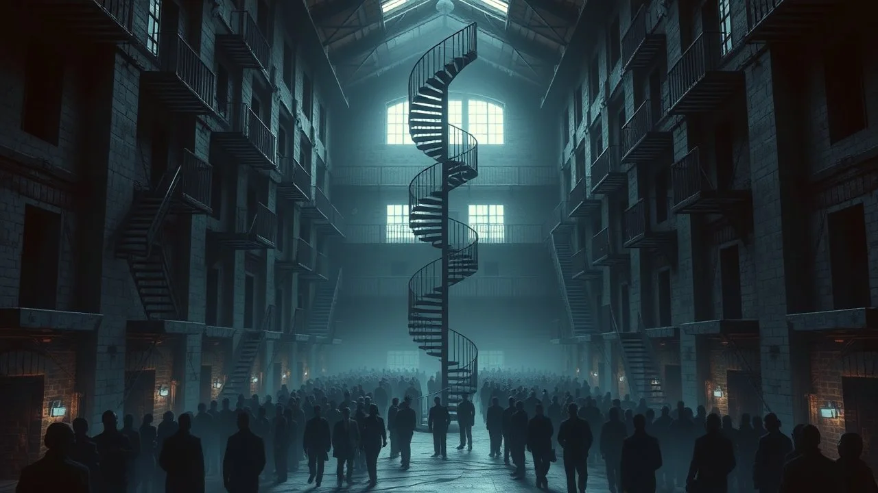 Many Stairs between walls and buildings in bleak prison, in center a big vertical spiral staircase the end of which cannot be seen, underneath many black human silhouette, dark blue and gray colors, cold, grim vibe, high detailed, surreal, dark, cinematic