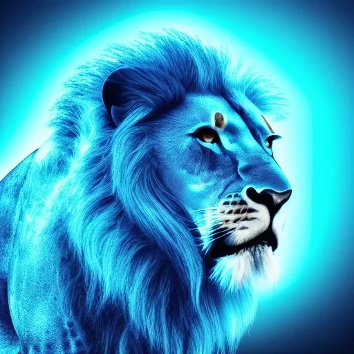 A beautiful portrait of a cyborg lion blue neon color scheme, high key lighting, volumetric light high details psychedelic background