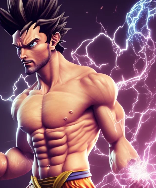 Goku, avatar, white and purple lines hair, fighting pose, muscular body, shirtless, volumetric details, hyper realism, unreal engine 5