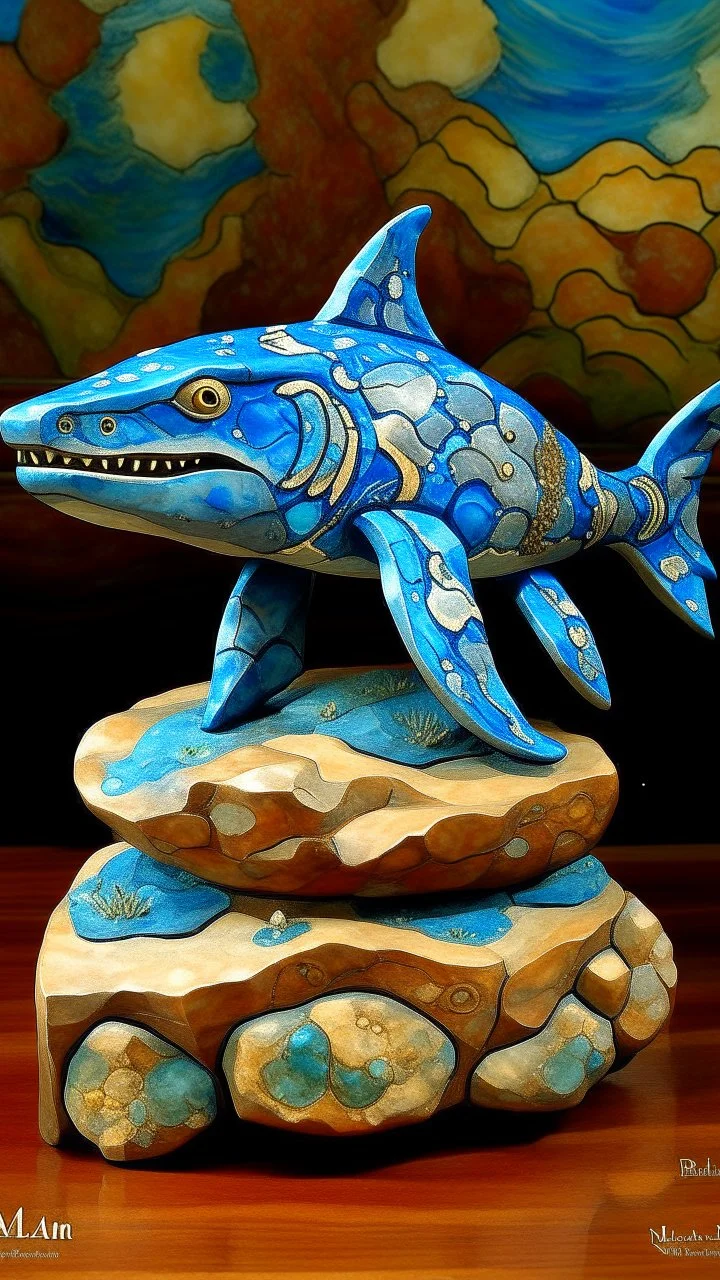 A blue water elemental shark designed in Ica stones painted by Paul Ranson