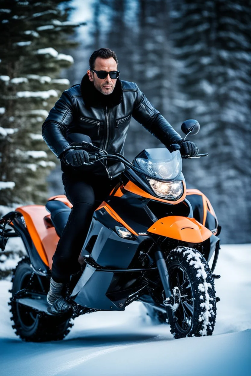 Handsome and muscular 40 year old Biker wearing a winter leather jacket and dark sunglasses riding a snowmobile