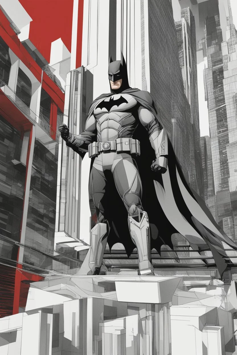 Dibujo arquitectónico de Batman, colores blanco, rojo y negro