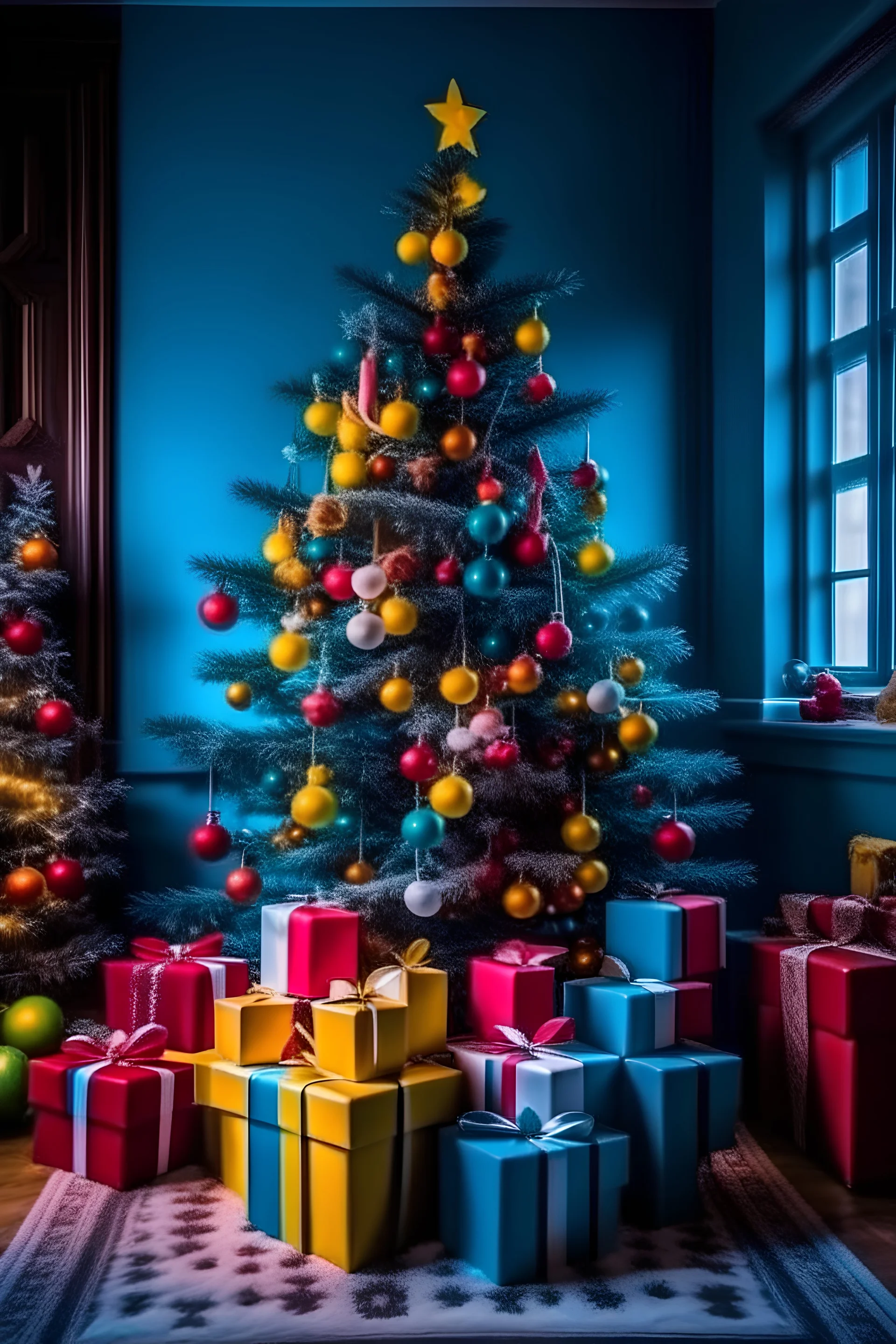 arbol de navidad colorido con atmosfera de ñieve y muchos regalos