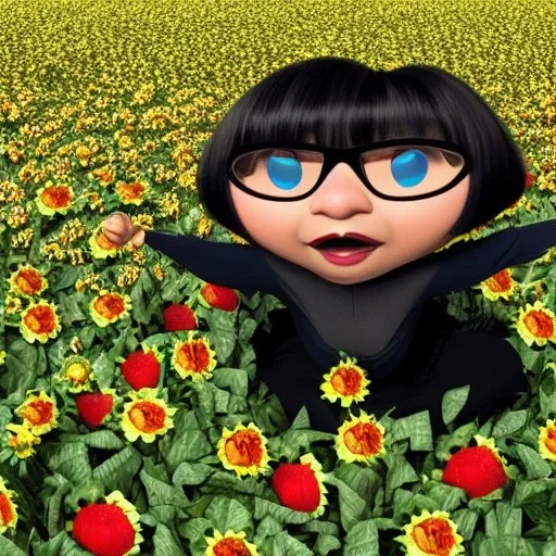 Edna Mode from the Incredibles lying in a field of flowers and watermelons, computer generated graphics