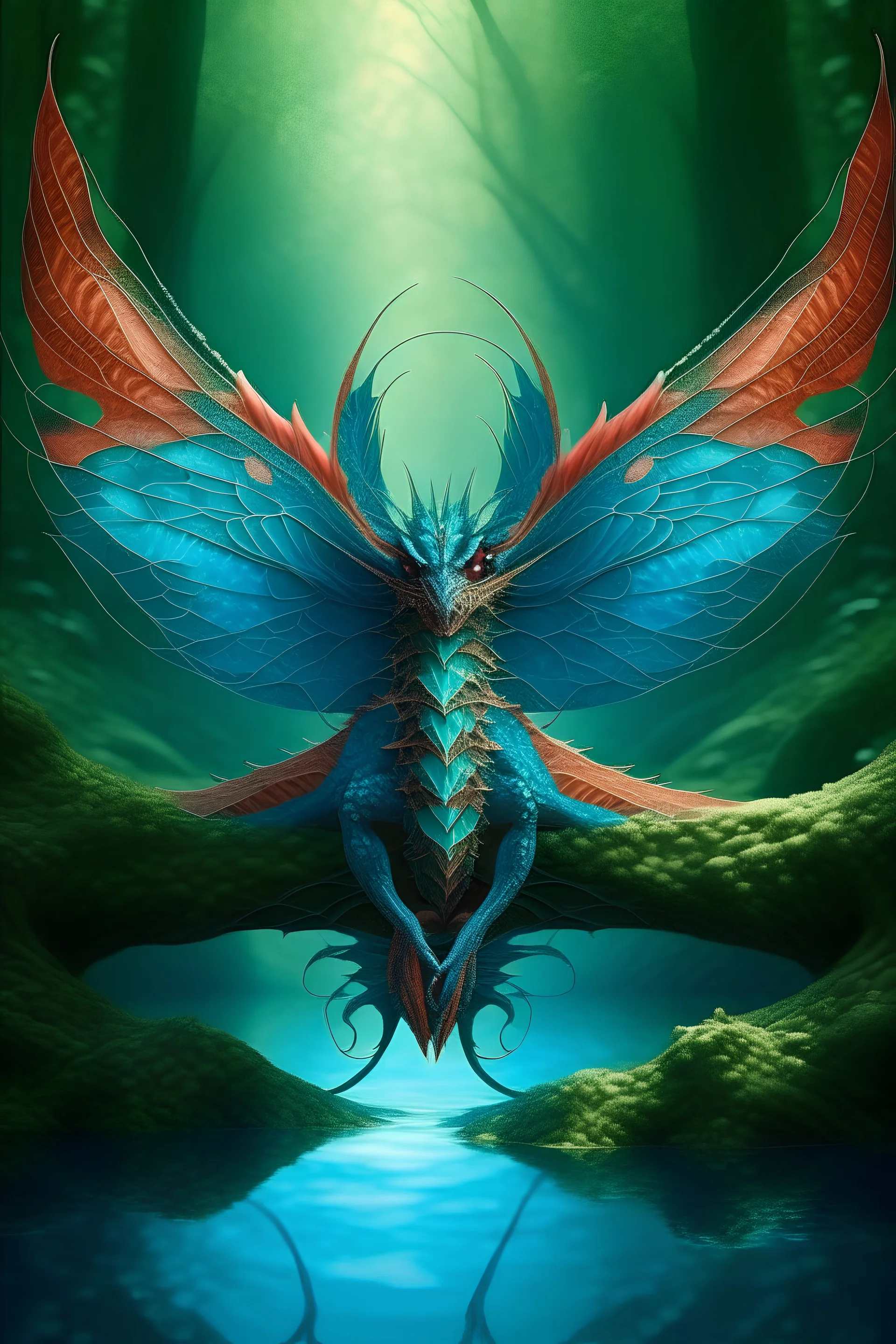 Create a realistic image of this image as a dragon with four legs in a forest with a pond.