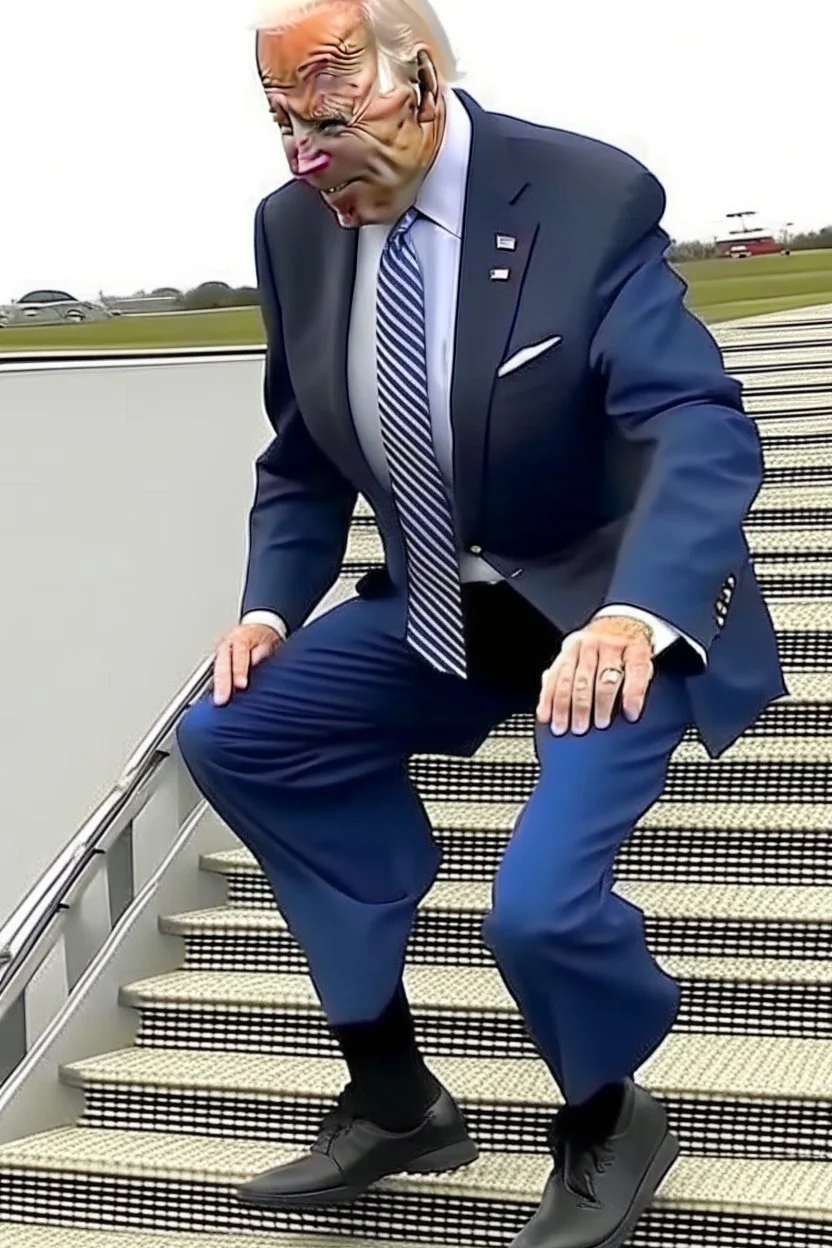 Joe Biden dressed as a wizard stumbling down the steps of air force one