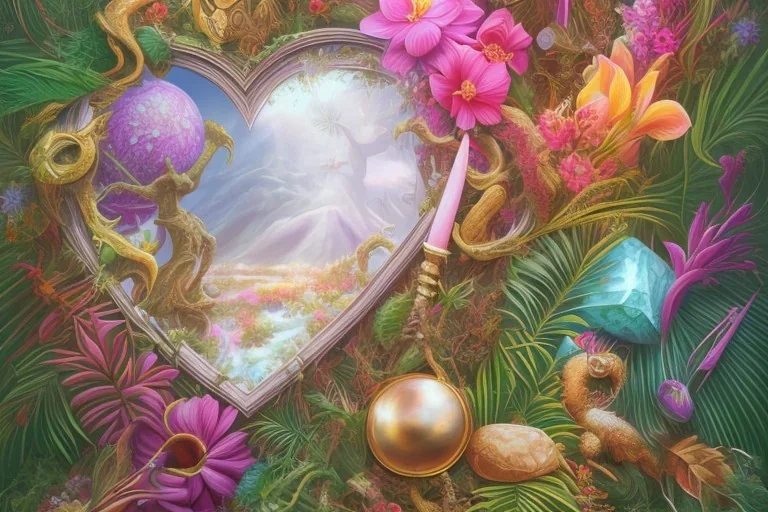 Tropical flowers, realistic heart drawing, crystals, tropical leaves, sacred altar, Fantasy home, cute animal.