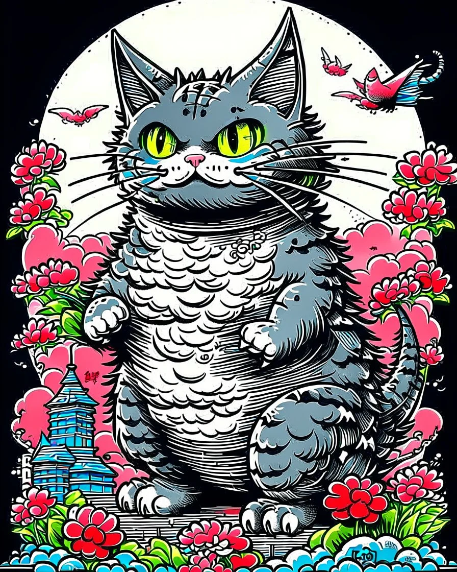 Catzilla cat Japanese Art funny cat gifts for women kid PNG,