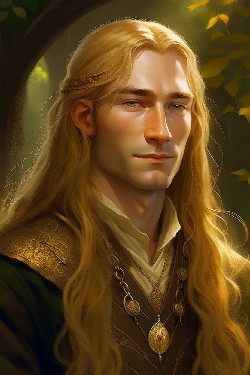 A young serene Lord Of The Rings like man with long golden hair that cascades gracefully. His calm eyes, with blind pupils, reflect a depth of wisdom and inner peace. A gentle smile graces his face, adding warmth to his tranquil demeanor.