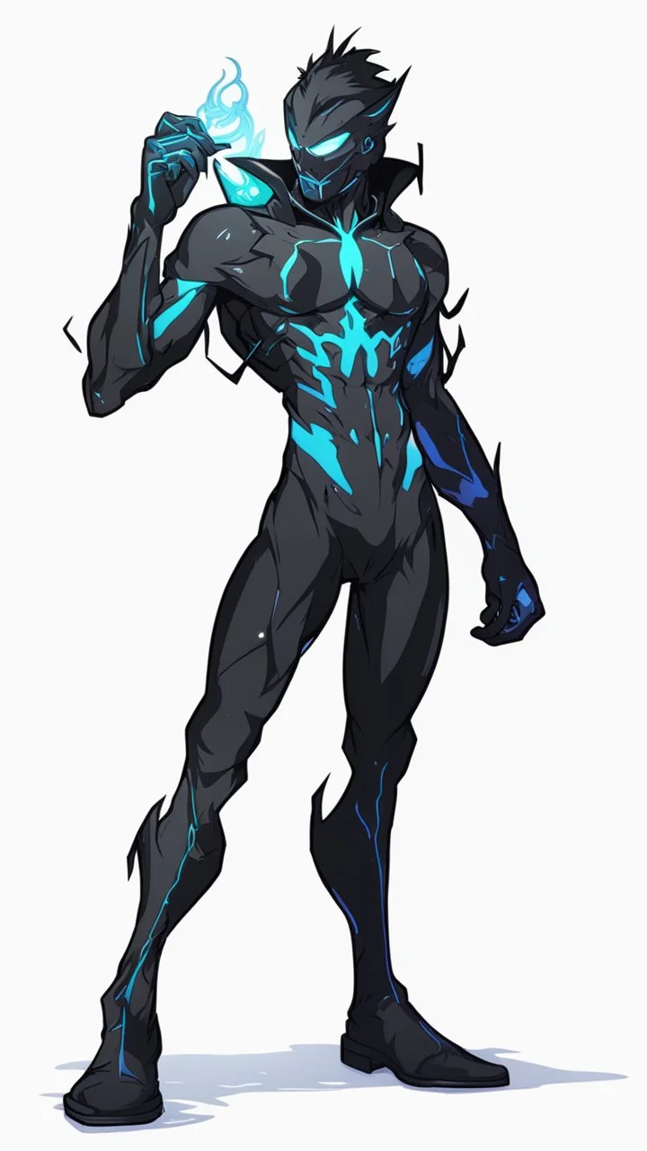 Mix between genji and venom symbiote in solo leveling shadow style with neon glowing blue