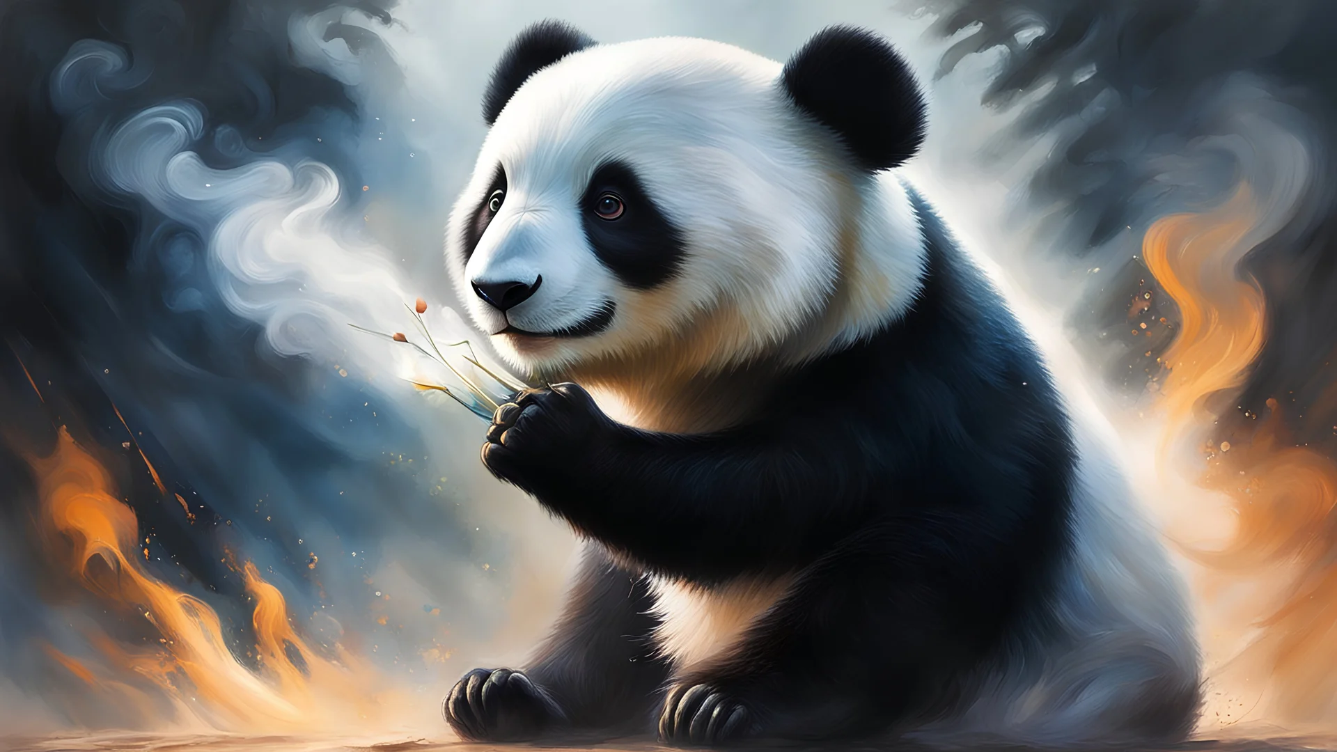 acrylic illustration, acrylic paint, oily sketch, masterpiece,best quality, 1panda, wabstyle, glowing, two-tone hair, (fog,:1.2) (mist:1.2), smoke, cowboy shot, cinematic angle, fisheye, motion blur,