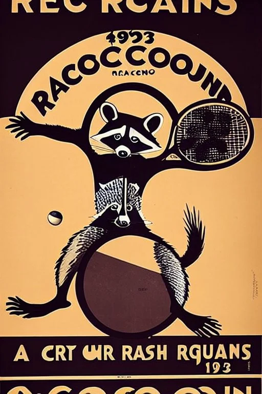 old man in 1928 poster advertising racoon tennis, raccons flying in air between tennis rackets while humans::4 use them as a tennis ball