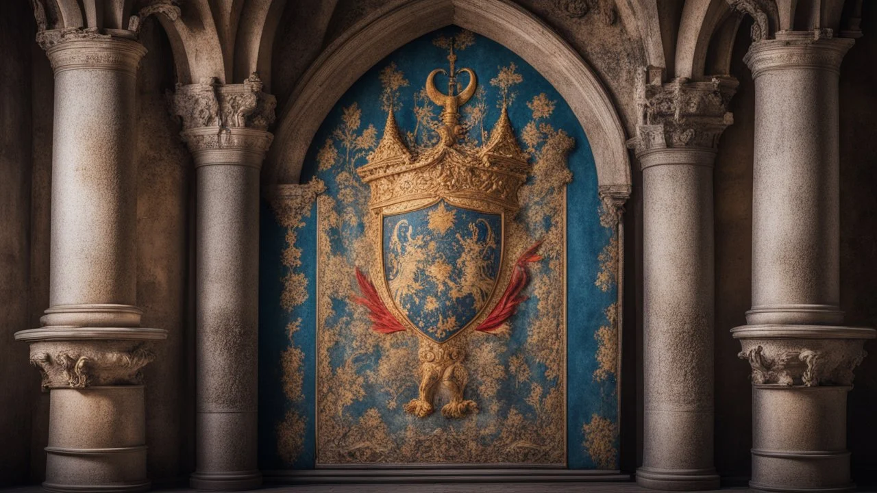 inside a medieval castle interior, magnificent, coloured pictorial tapestries, coat of arms, dream world, calm beauty, fantasy world, magic, splendor, uplifting, inspiring, therapeutic, chiaroscuro, color, award-winning colour photograph, beautiful composition, exquisite detail, Nikon 55mm