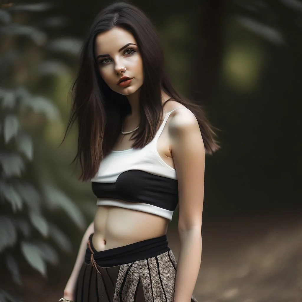 pretty girl, young adult, brunette, conventionally attractive, full length, crop top, skirt,