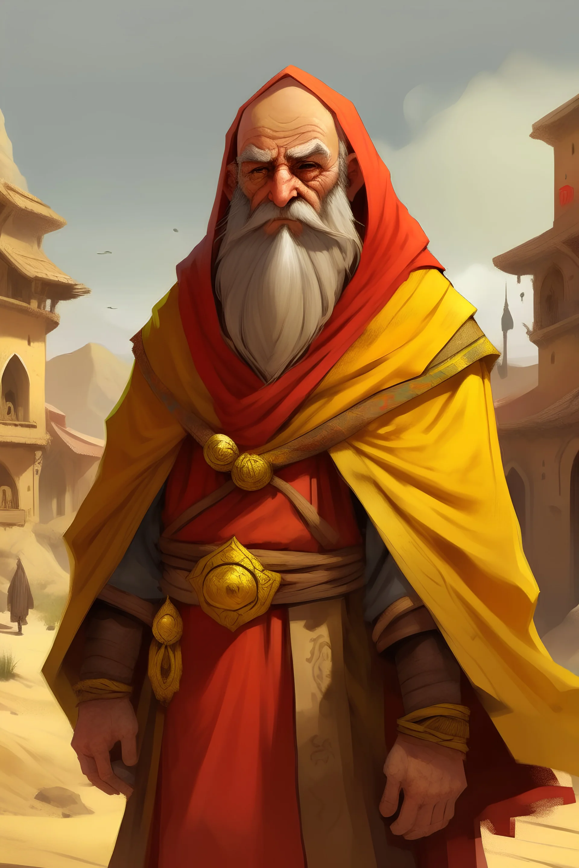 dnd, fantasy, high resolution, portrait, a dwarf monk in yellow and red robe, wise, in a desert town