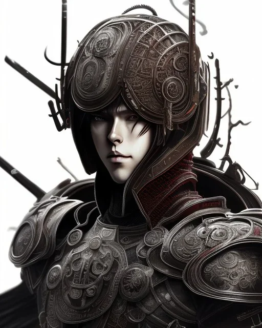 Detailed anime boy, dark brown hair, black and red dragon scale armour, intricate details, full body portrait, keep head in frame, slight smile, black Japanese motif, concept art, highly detailed, digital painting, concept art, sharp focus, illustration, art by Yoji Shinkawa, WLOP and greg rutkowski and alphonse mucha and artgerm and yanjun Chen and Junji ito and Makoto Shinkai, HDR, octane render