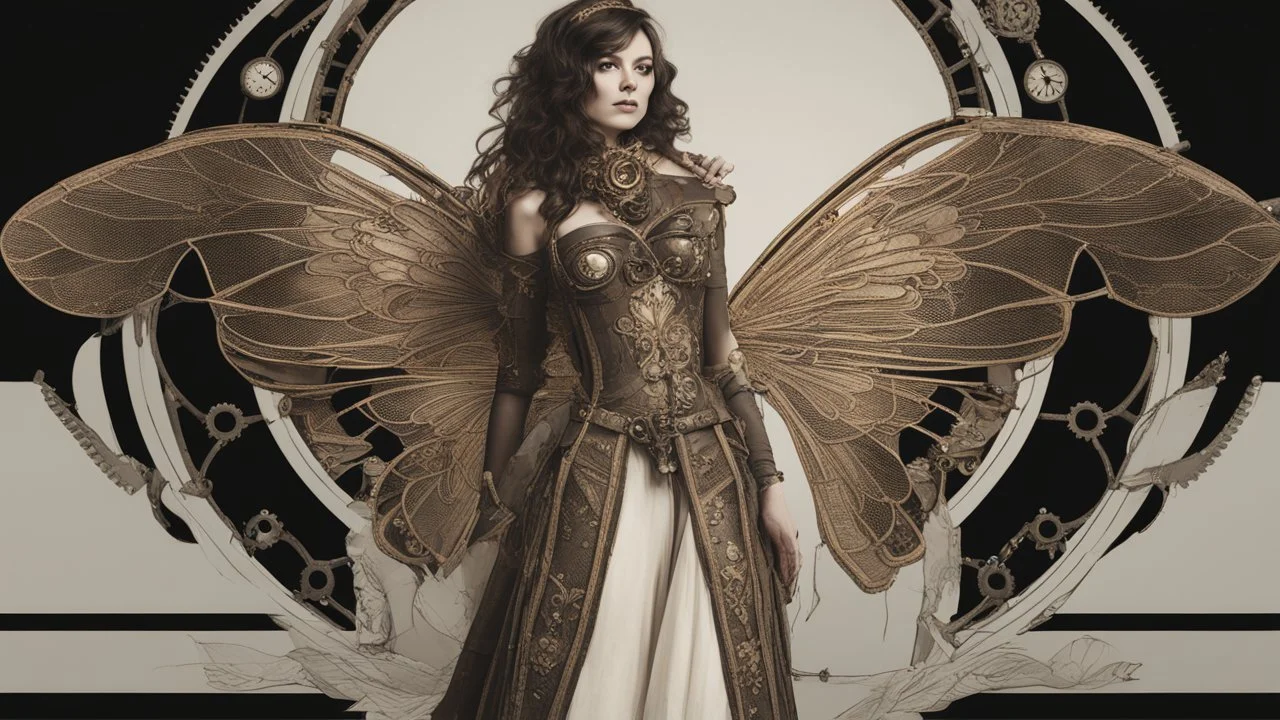 full length, steampunk delicate metal woman, moth, wings, black background