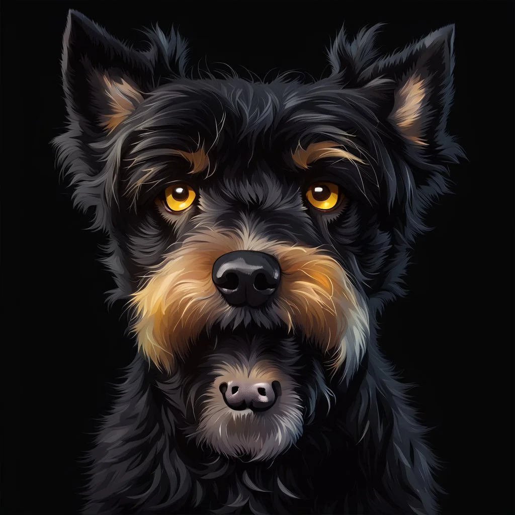 head of an angry scruffy black terrier on black background, yellow eyes, defined teeth, turned to the side, illustration