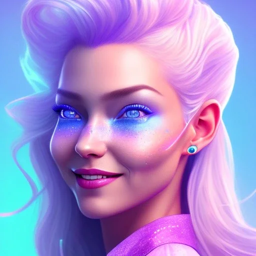 A portrait of a full body crystalised blue pink queen,smiling face, blue eyes, long blond hair, atmospheric, realistic, unreal engine, lighting