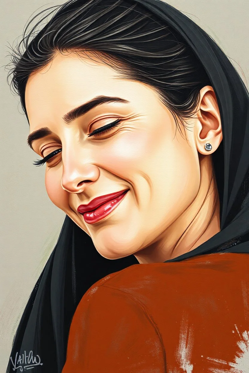 Palestinian woman with a beautiful face, turning her face slightly to the right, with a beautiful smile, and her mouth closed, not showing her teeth, she looks drawn with oil paints