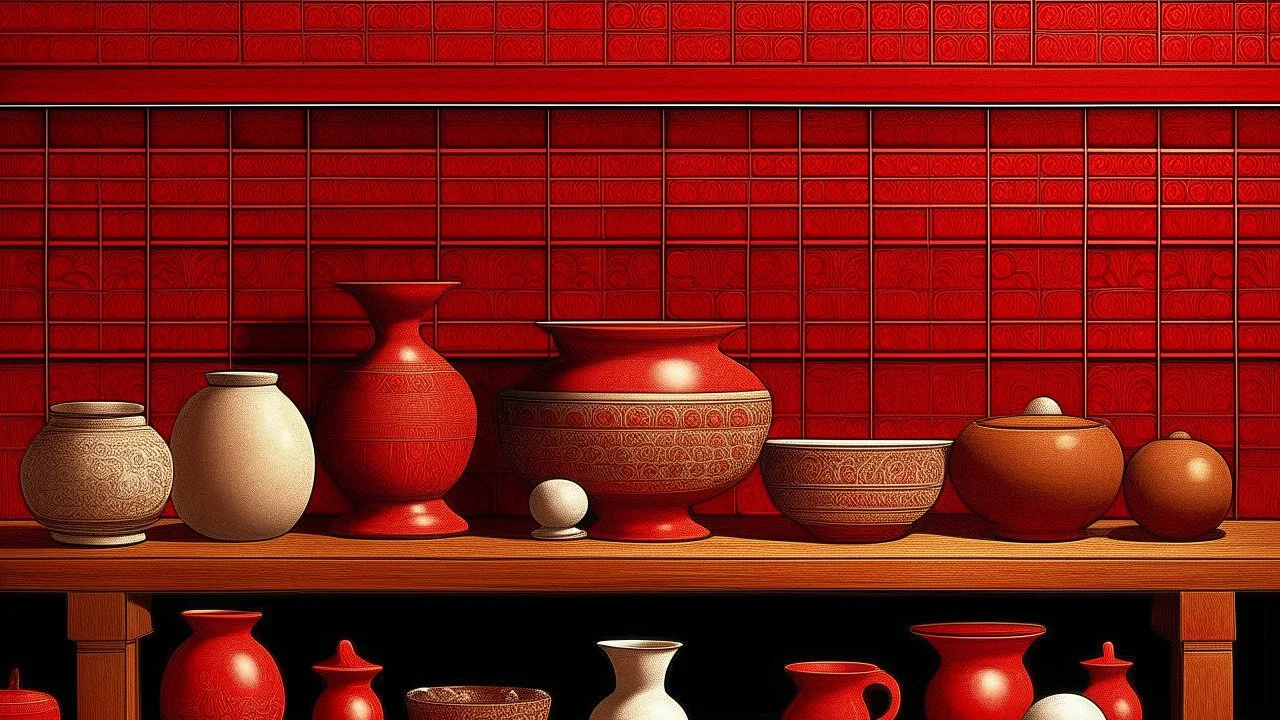 A captivating display of ceramics unfolds on a rustic wooden shelf, artfully arranged against a bold, crimson backdrop. The collection features an array of vases and cups, each unique in size, shape, and color, creating a visually striking and harmonious composition. The intricate patterns and glossy finishes of the ceramics catch the eye, while the warm, inviting ambiance of the wooden shelf adds a touch of rustic charm.