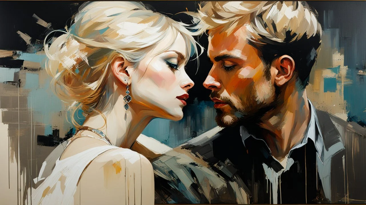 Blonde Pale Very Thin Scandinavian Woman 30yo, Big Eyes, Long Eyelashes And Eye Shadow, on steve Roger's lap kissing :: by Robert McGinnis + Jeremy Mann + Carne Griffiths + Leonid Afremov, black canvas, clear outlining, detailed