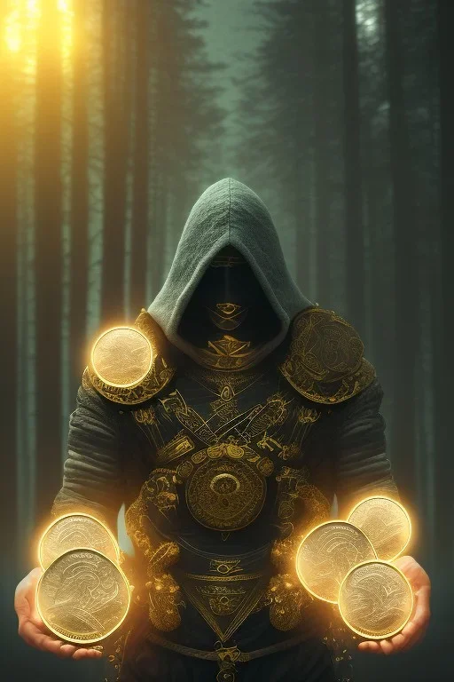 running berserker portrait , no face, black jogging suite , in the night Alps , holding coins , angels background, volumetric gold light, high detail, dark leaf tree, dark mountains in background, perfect, HR Giger style