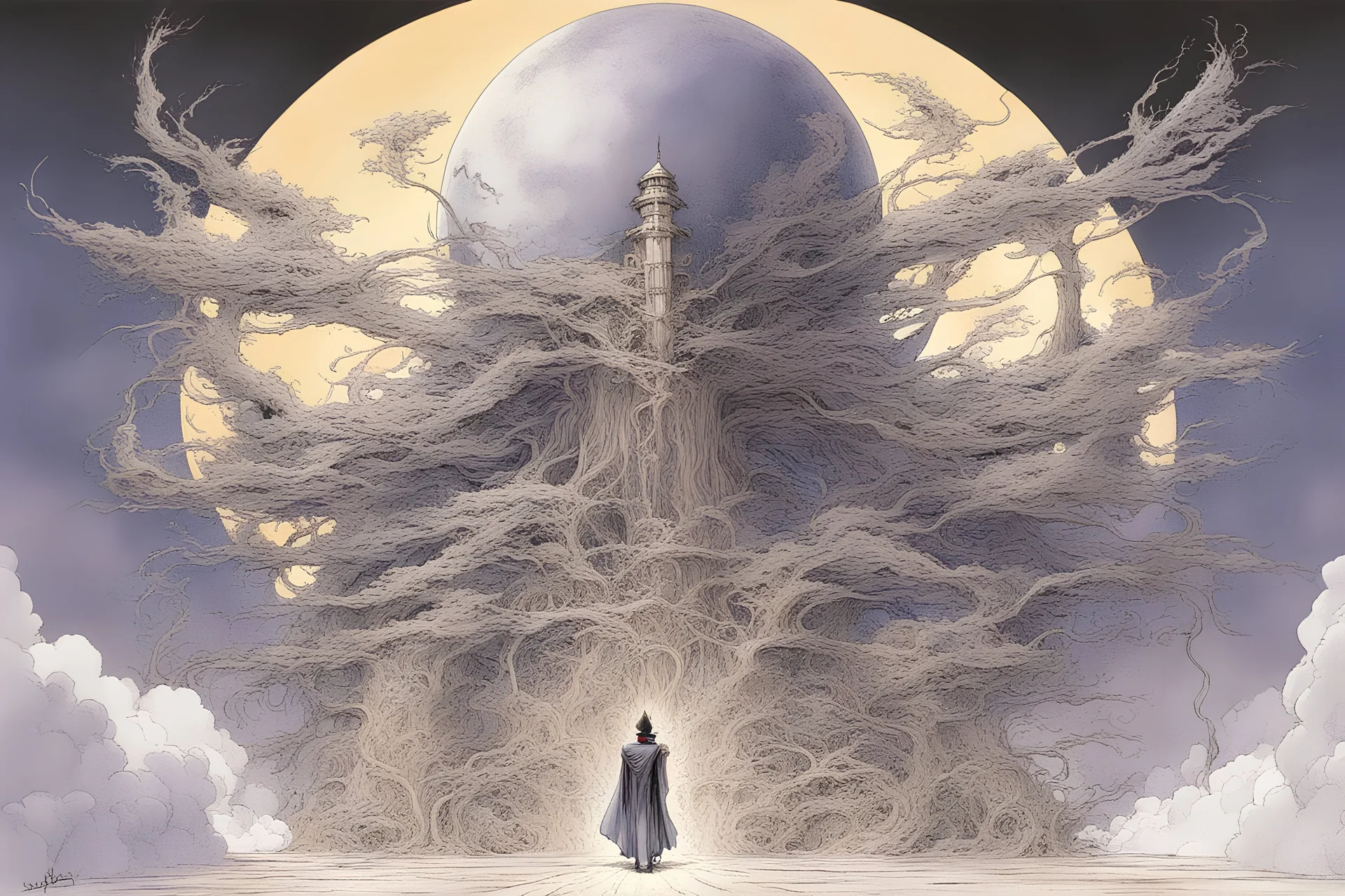yoshitaka amano art style, anime style, fantasy art, wizard, alien planet,
