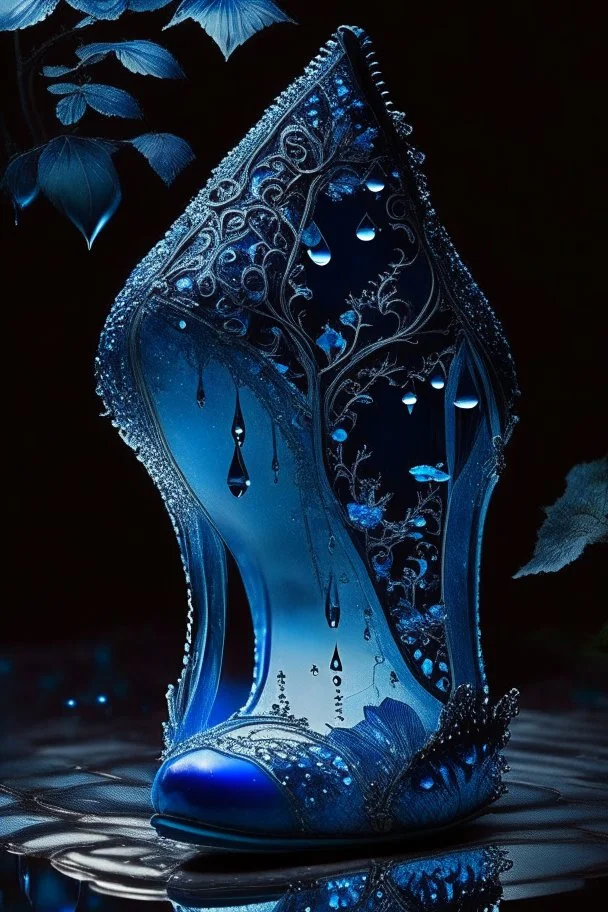 dark fantasy, intricate cover, a whimsical fairytale, translucent shoe made of blue glass with drops of blood underneath