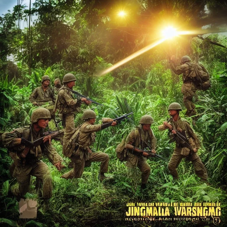 vietnam war. jungle. cd cover. bokeh. lens flare. warm lights. high detailed