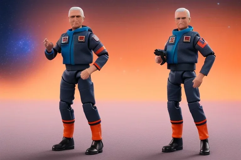 Mike Pence G.I. Joe toy figure With a laser blaster And jetpack space force Blue fabric uniform, fluorescent orange, black Moonboots