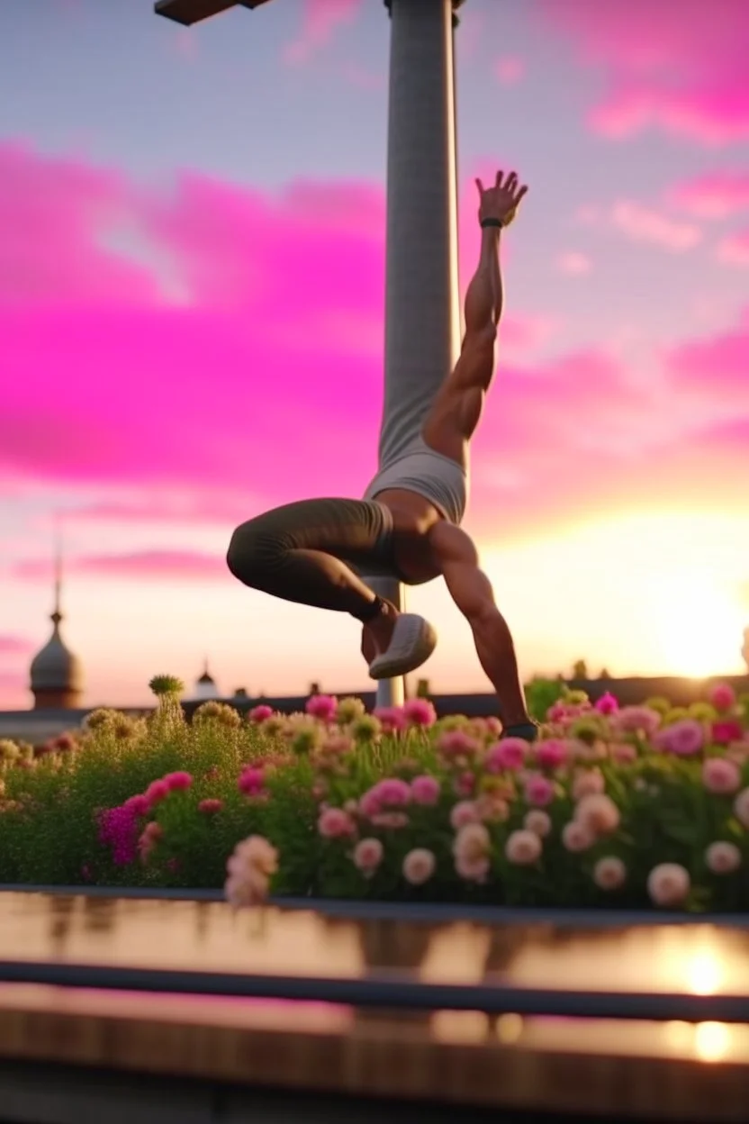 close up of yoga guru doing handstands on the roof of a buss with flowers, 4k, downlight, soft light, depth of field, photorealism